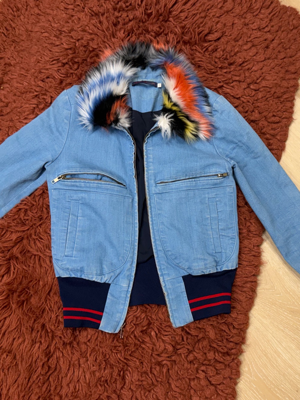 Harvey Faircloth designer denim bomber Jean jacket faux fur collar size XS - Picture 10 of 16